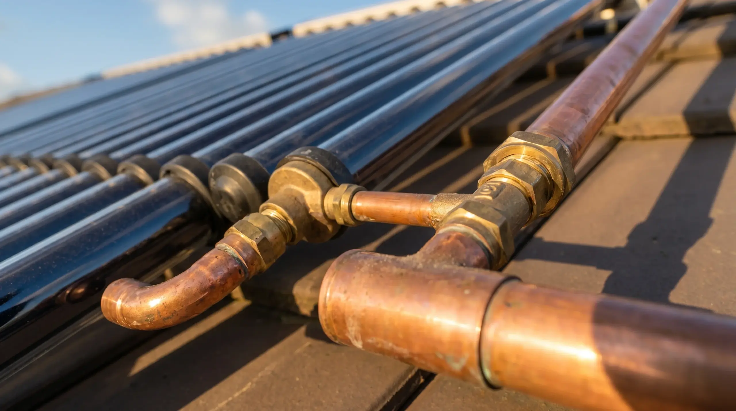Solarthermie Kollektor Nahaufnahme mit Kupferleitungen – technische Details