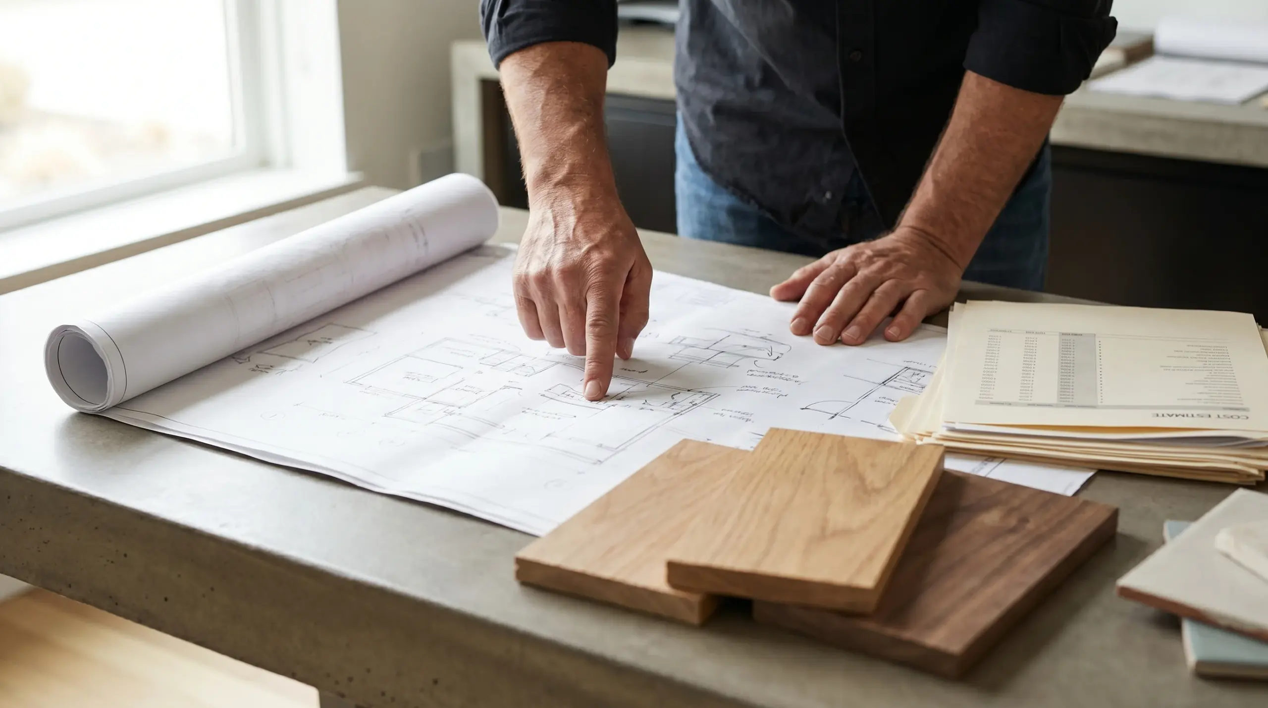 Architekt prüft Bauplanung und Materialkosten für Hausbau 2026