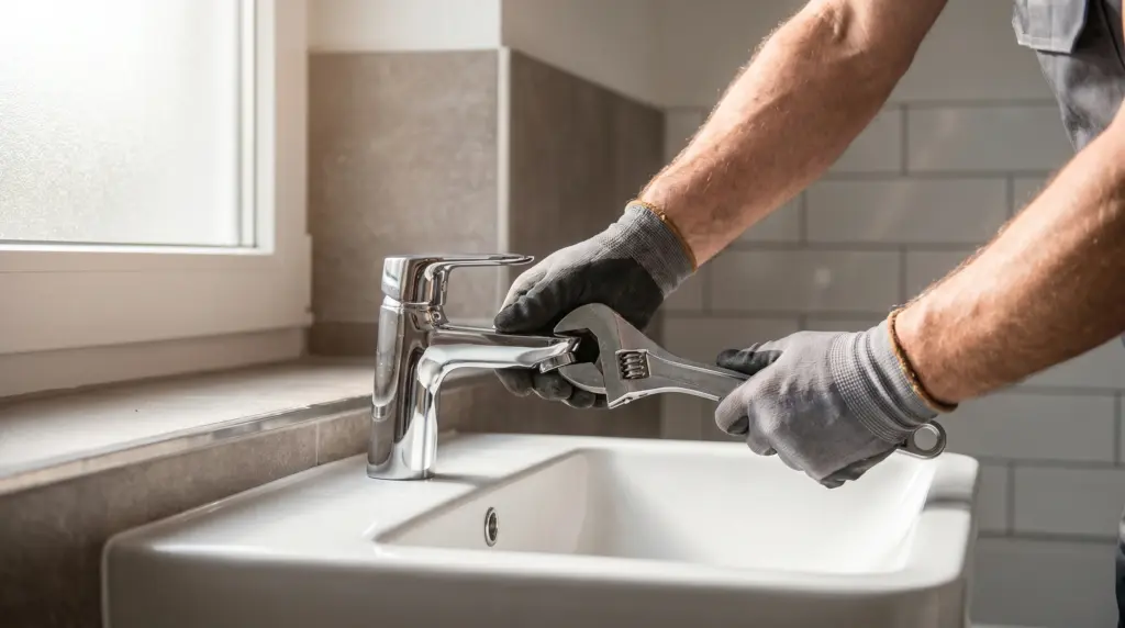 Klempner kosten: Professioneller Sanitärinstallateur beim Einbau einer Armatur