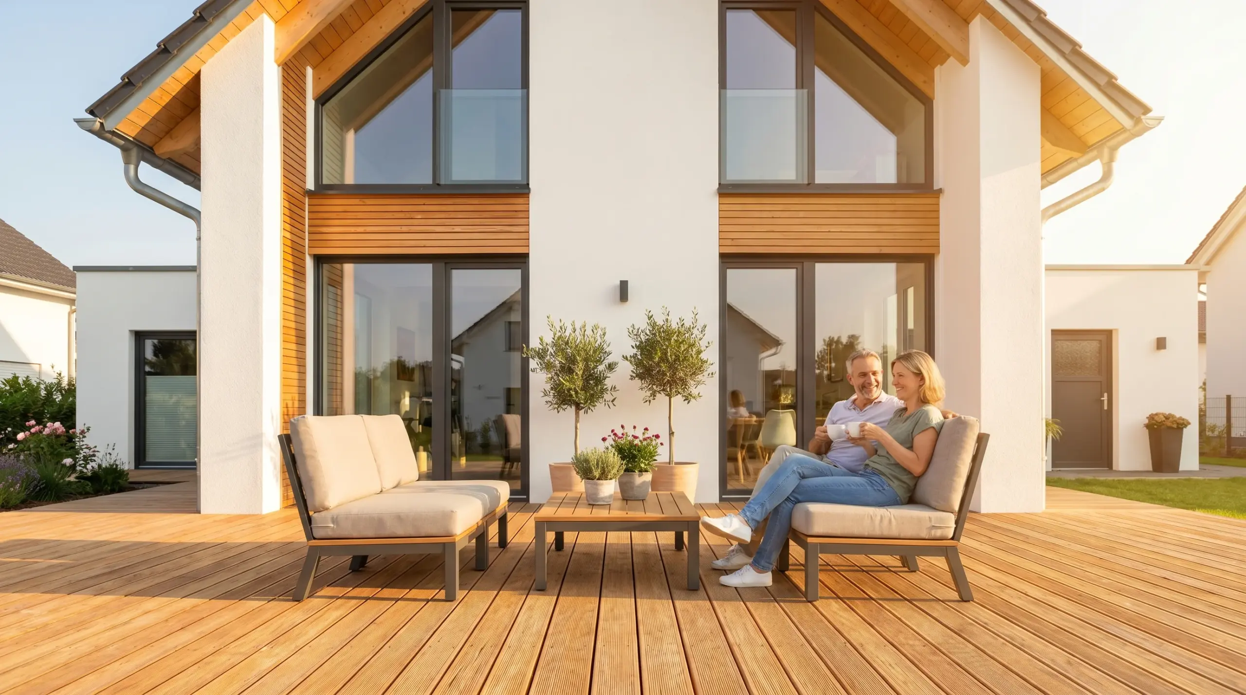 Terrassendielen verlegen – Paar genießt fertig verlegte Holzterrasse mit Gartenmöbeln