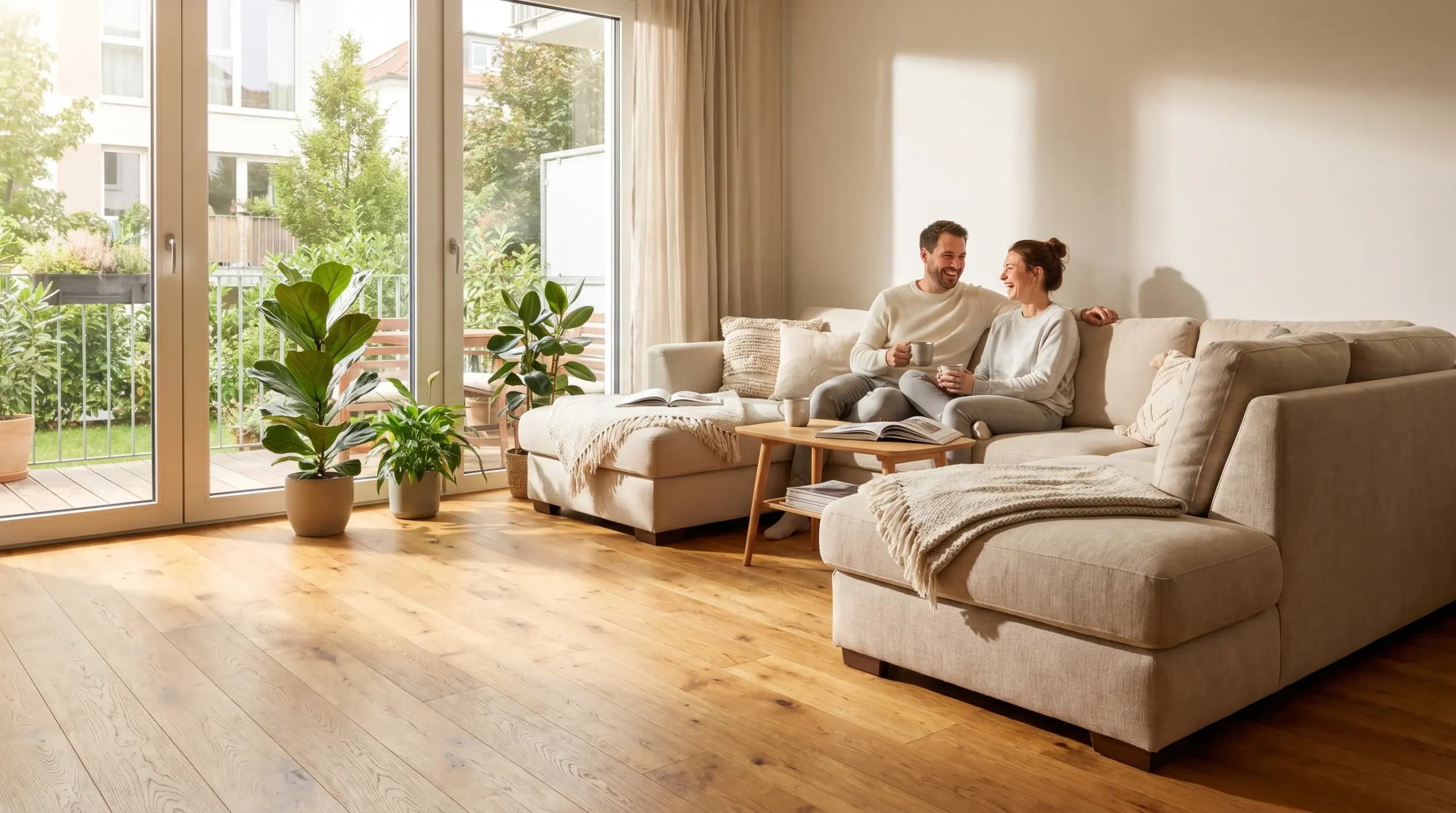 Fußbodenheizung nachrüsten Ergebnis – modernes Wohnzimmer mit Holzboden und angenehmer Wärme