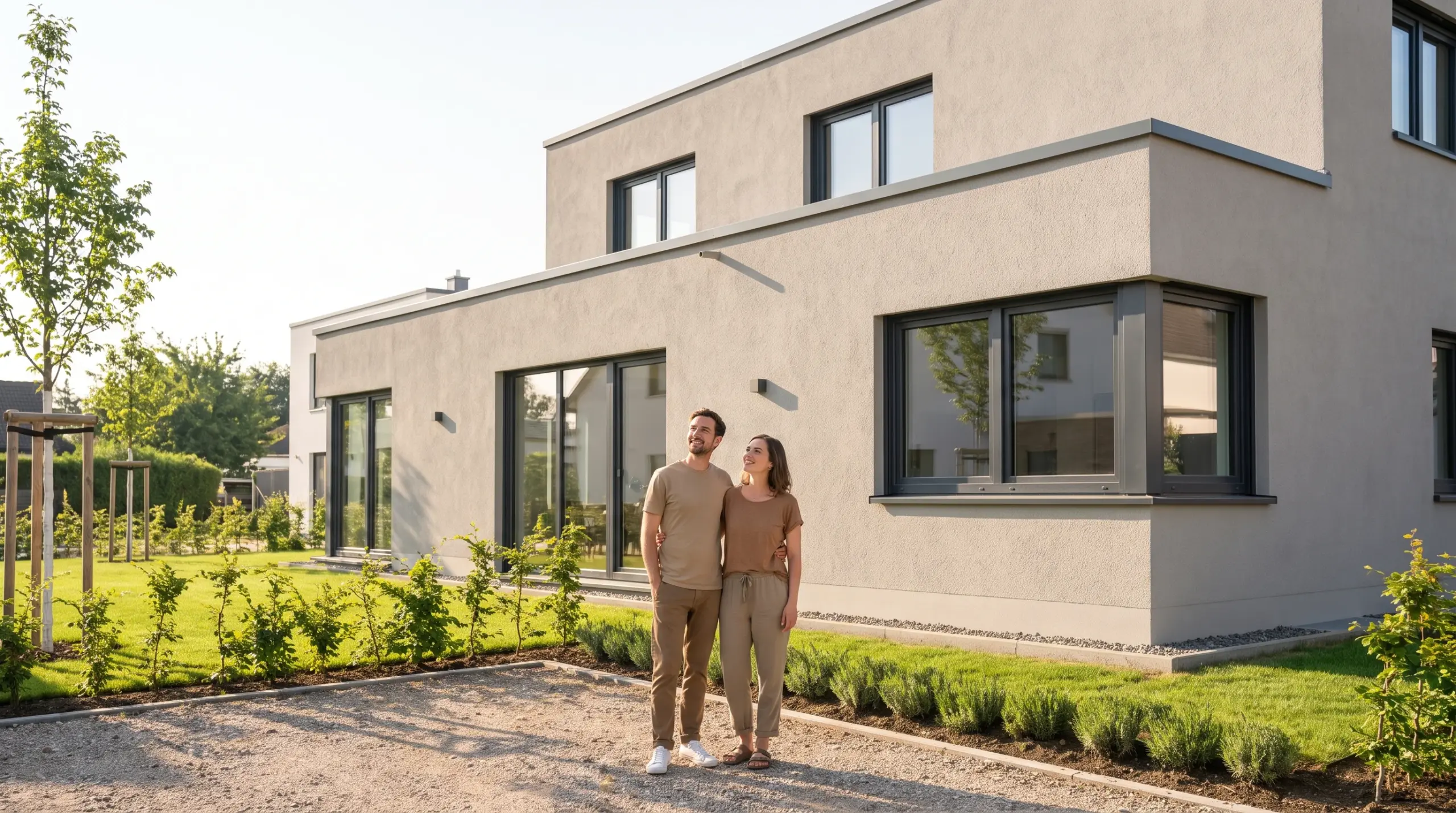 Bauunternehmen finden – zufriedenes Paar vor fertigem Neubau