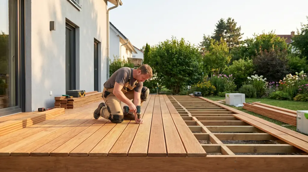 Terrassendielen verlegen – Handwerker installiert Holzdielen auf moderner Gartenterrasse