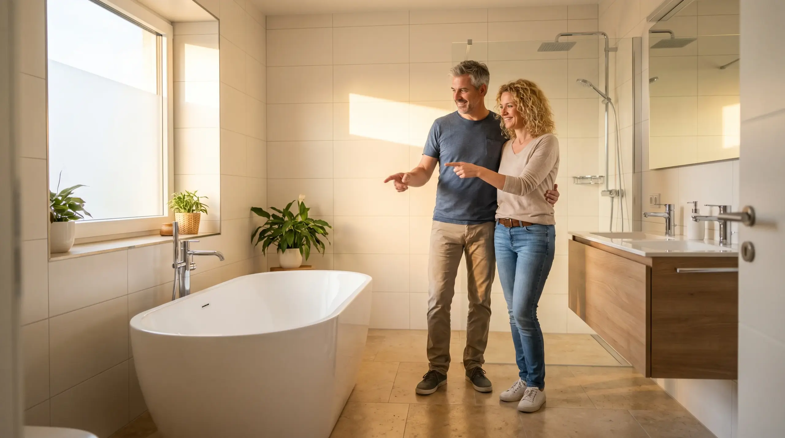 Bad renovieren Kosten – Zufriedenes Ehepaar besichtigt ihr frisch renoviertes Badezimmer