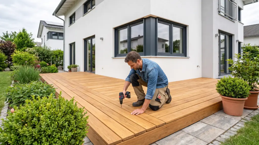 Terrassendielen verlegen – Handwerker befestigt Holzdielen auf Gartenterrasse