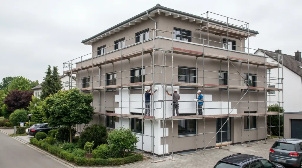 Fassadendämmung Kosten 2026 – Handwerker installieren WDVS Dämmplatten an Einfamilienhaus