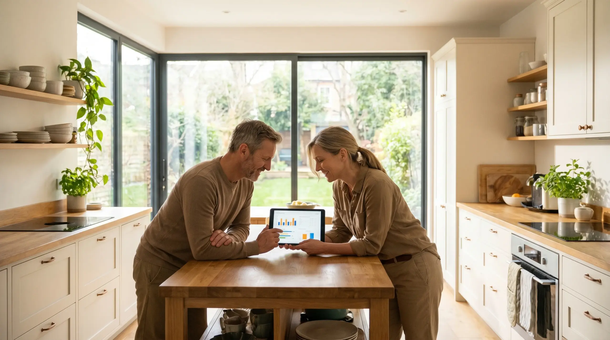 Hausbesitzer prüfen Solarthermie Einsparungen auf dem Tablet – Energiekosten senken
