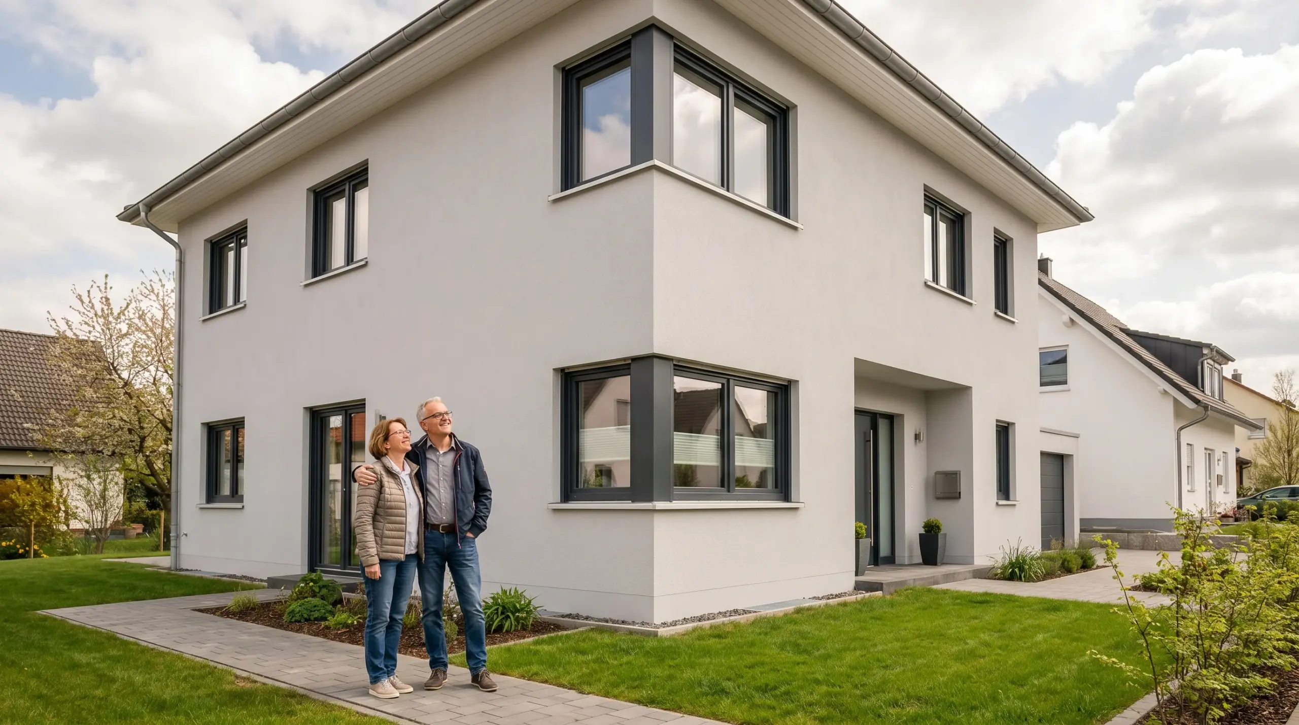 Energieausweis nach Sanierung – Hausbesitzer vor renoviertem Einfamilienhaus
