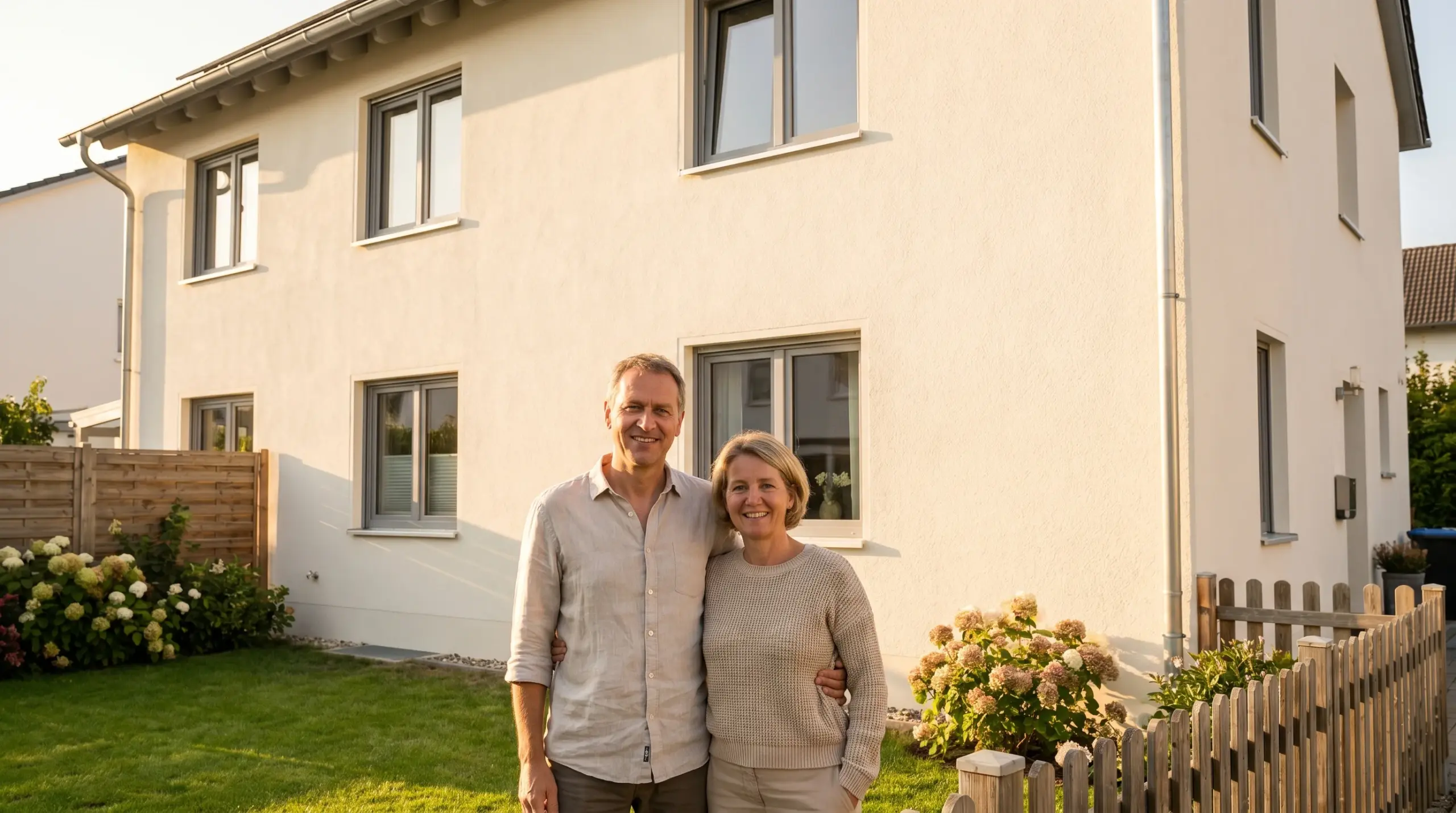 Zufriedene Hausbesitzer vor frisch gedämmtem Haus – Fassadendämmung Ergebnis