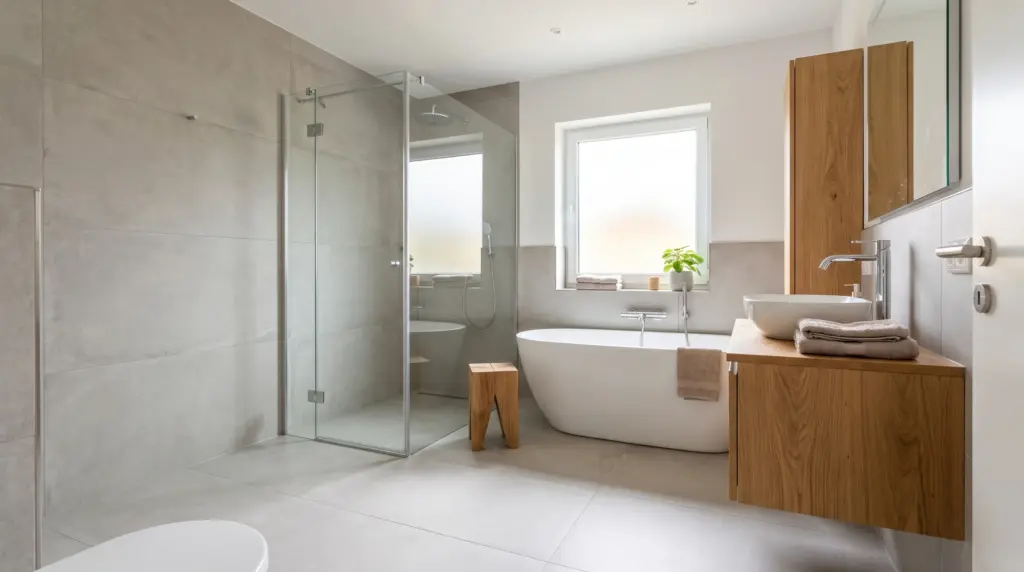 Bad renovieren Kosten 2026 – modernes renoviertes Badezimmer mit Glasdusche und freistehender Badewanne