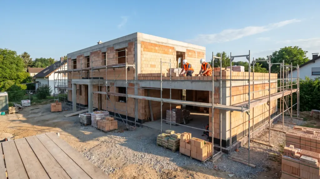 Hausbau Kosten 2026: Einfamilienhaus im Rohbau mit Maurern bei der Arbeit