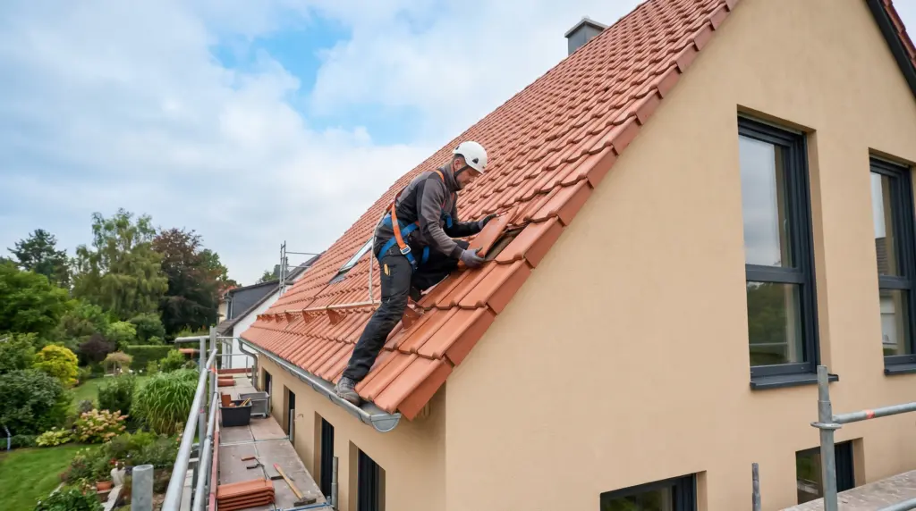 Dachdecker Kosten 2026 – Profi-Dachdecker verlegt Tonziegel auf Einfamilienhaus