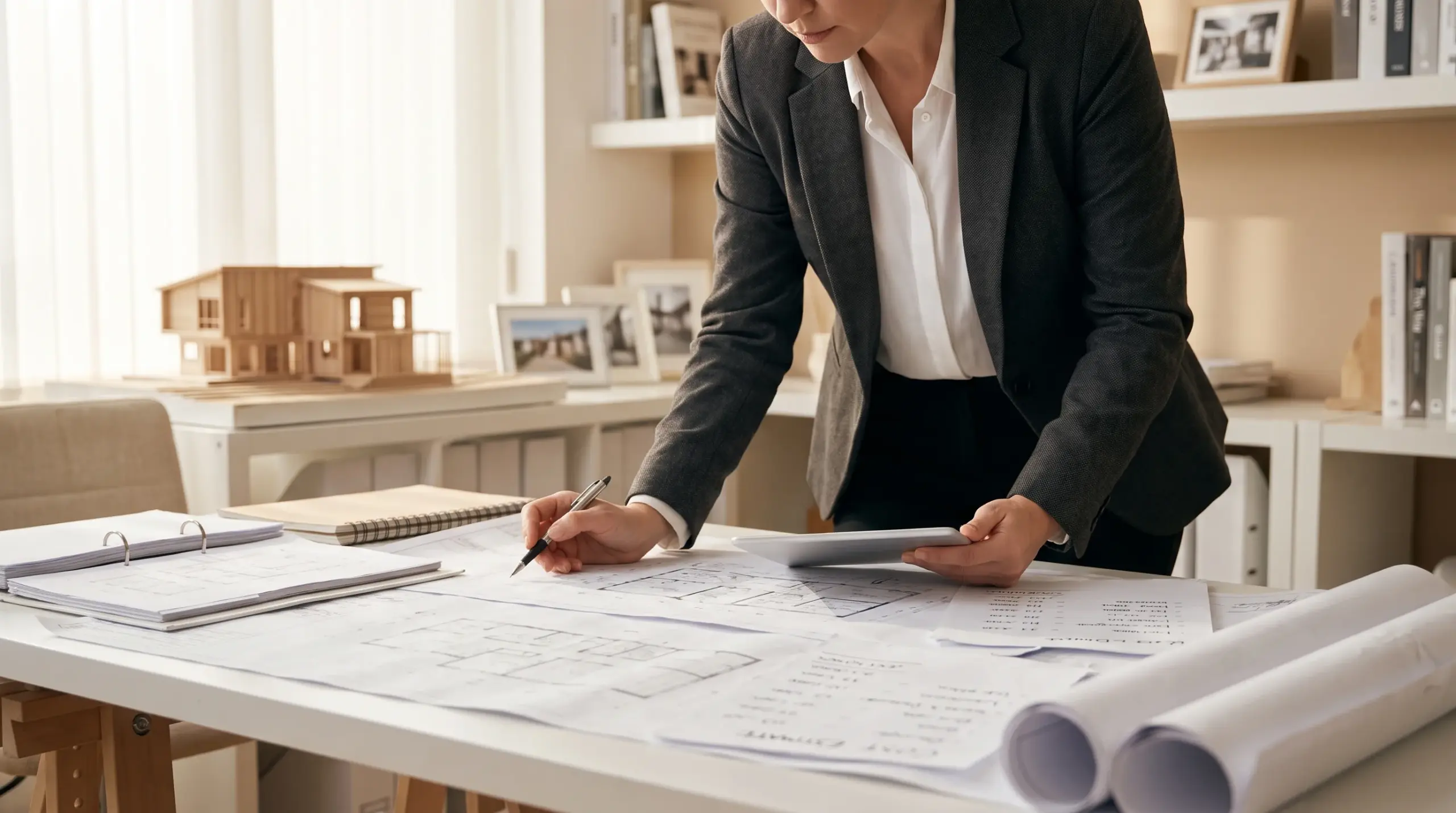 Hausbau Kosten Planung – Architekt prüft Baupläne und Kostenkalkulation