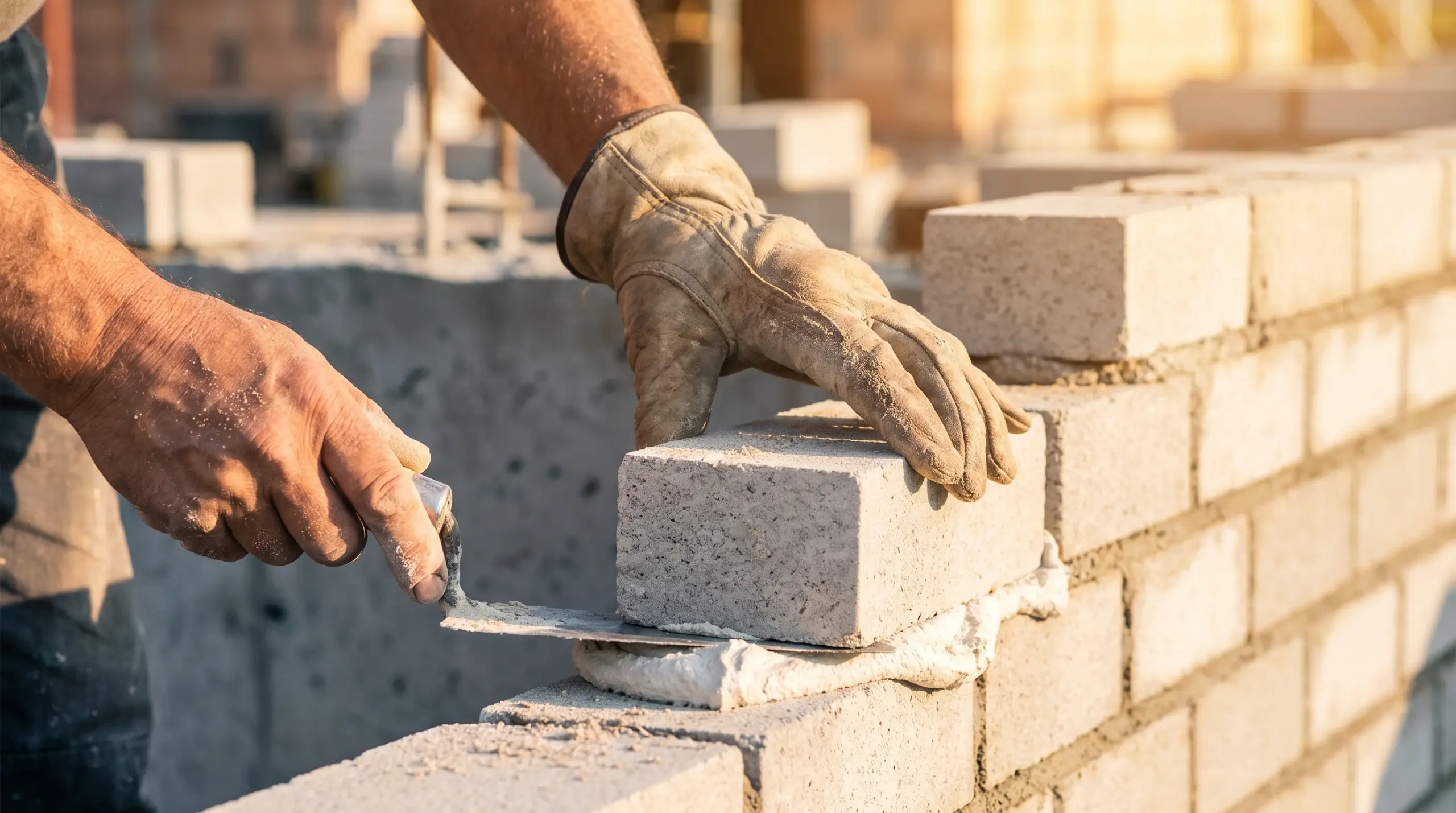 Maurer legt Ziegelsteine beim Massivhaus-Rohbau – professionelles Handwerk Detail