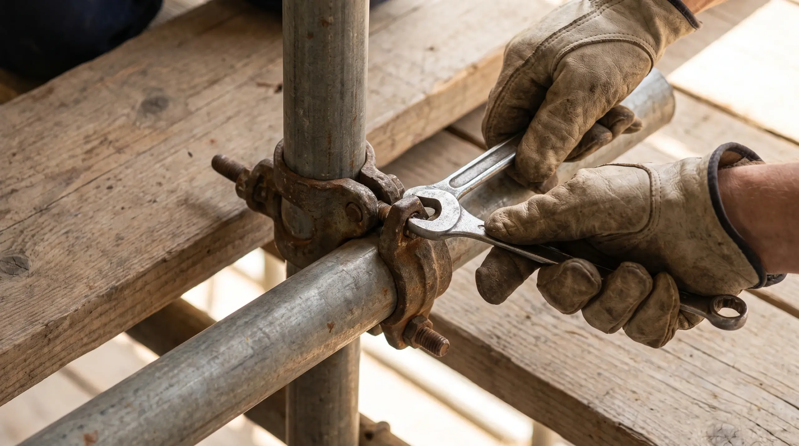 Gerüstbau Kosten: Handwerker montiert Stahlrohr-Gerüstkupplung professionell