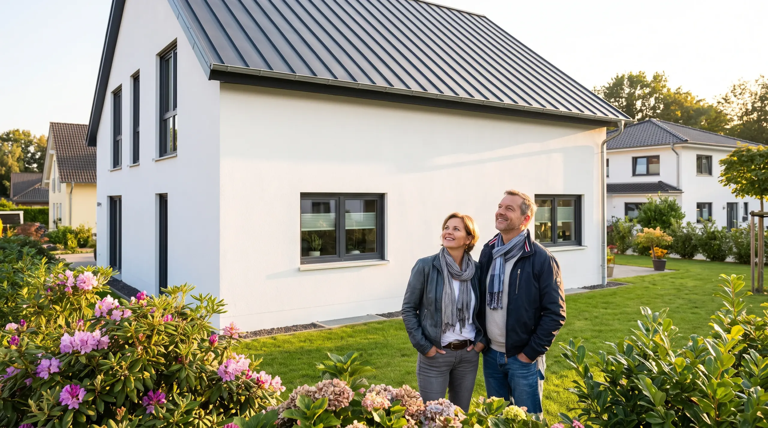 Hausbesitzer begutachtet frisch saniertes Dach – Ergebnis professioneller Dachdeckerarbeit