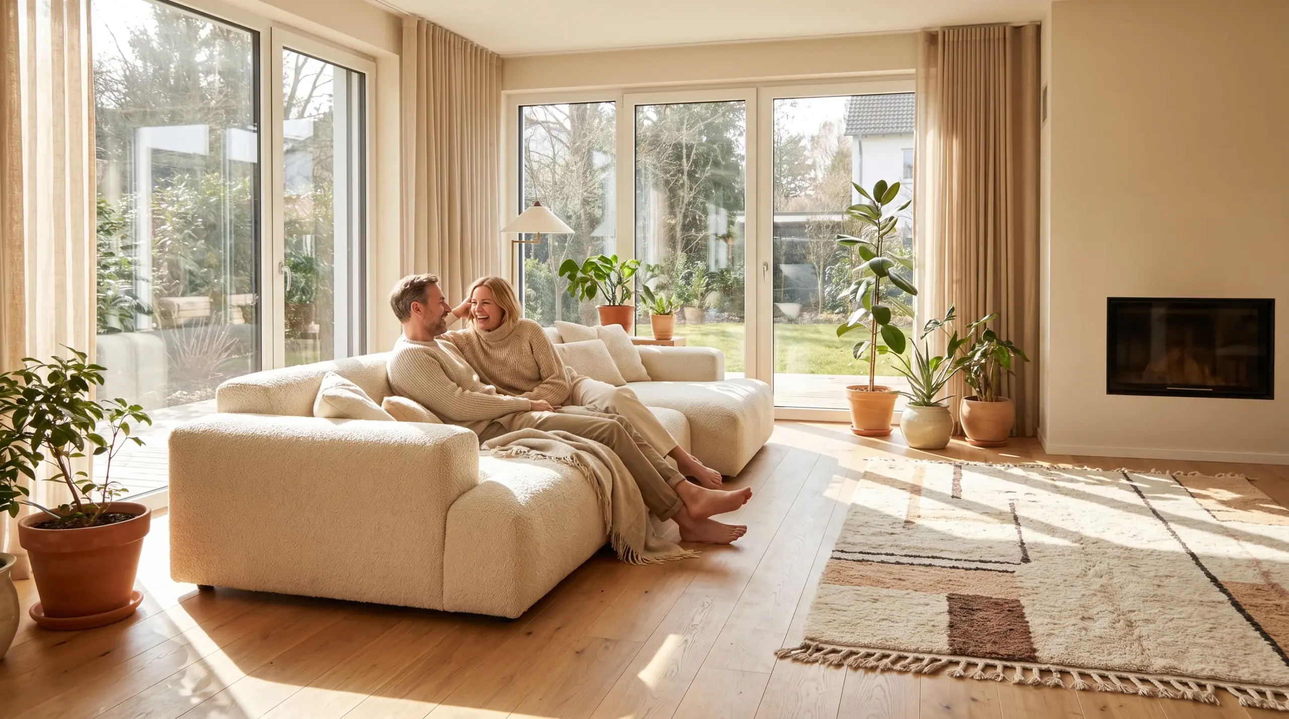 Fußbodenheizung nachrüsten – Modernes Wohnzimmer mit Holzboden und wohliger Wärme