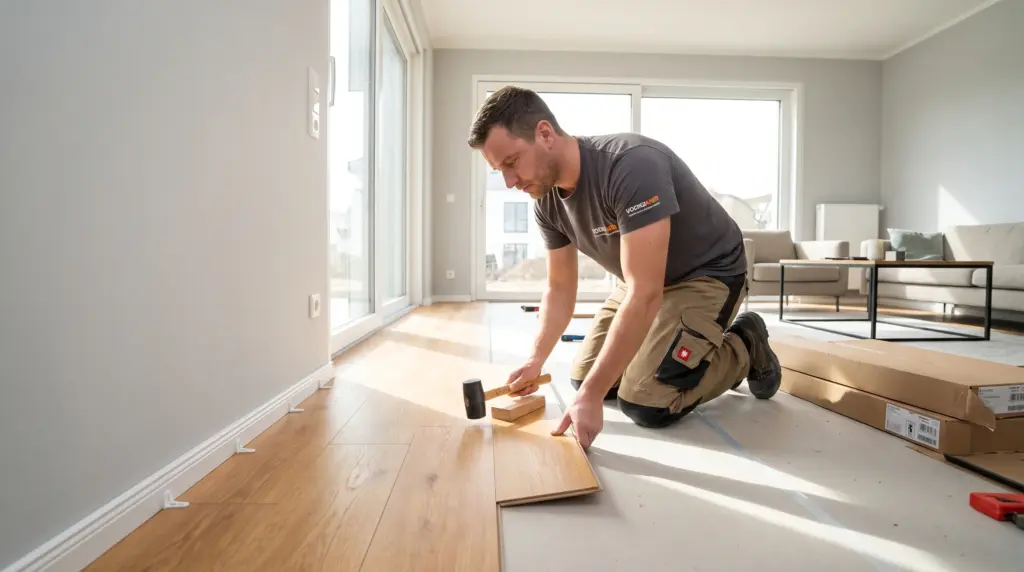 Laminat verlegen Anleitung – Profi verlegt Laminatdielen mit Klicksystem im modernen Wohnzimmer