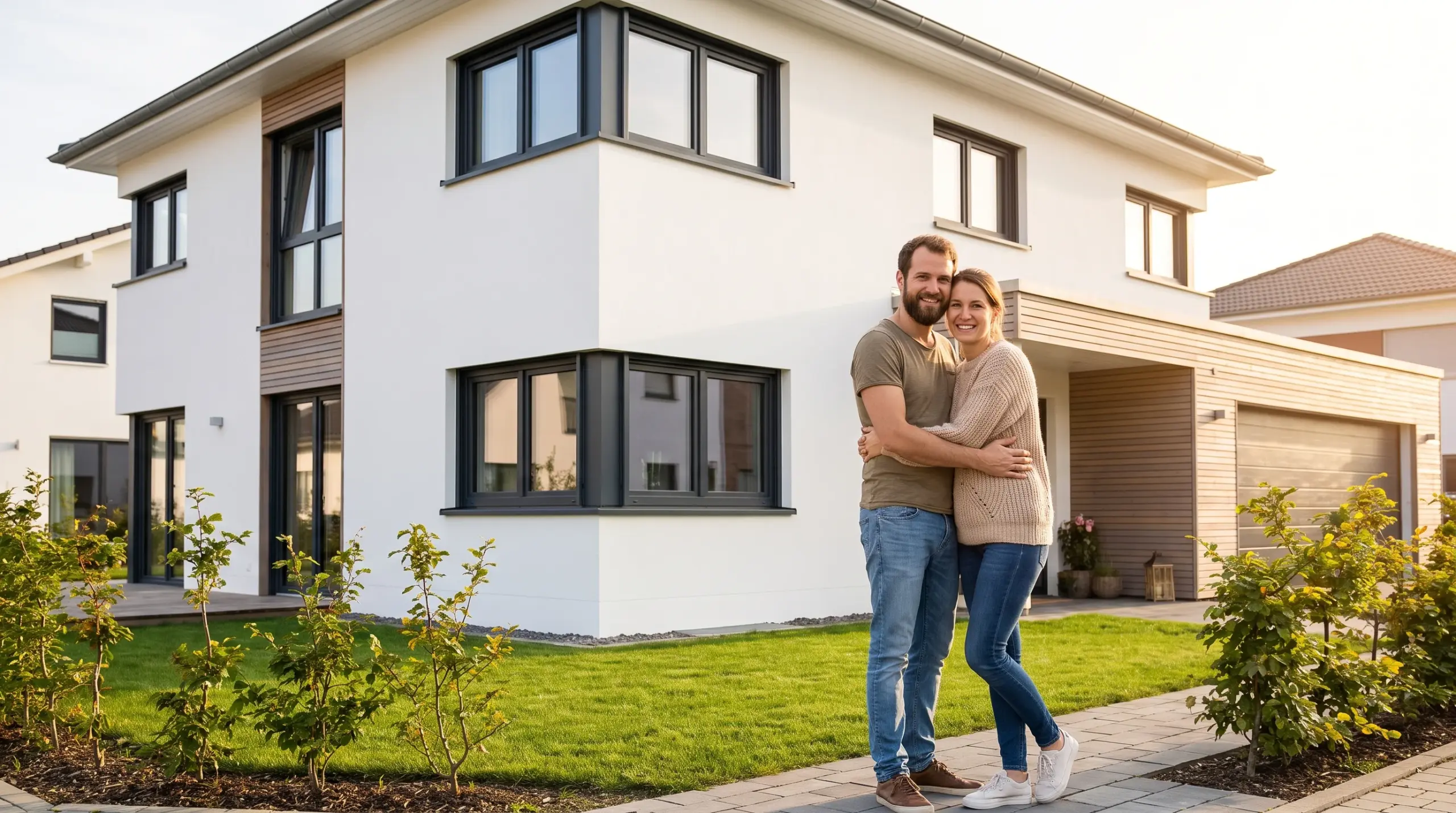 Hausbau Kosten – Familie vor fertigem Einfamilienhaus mit Garten