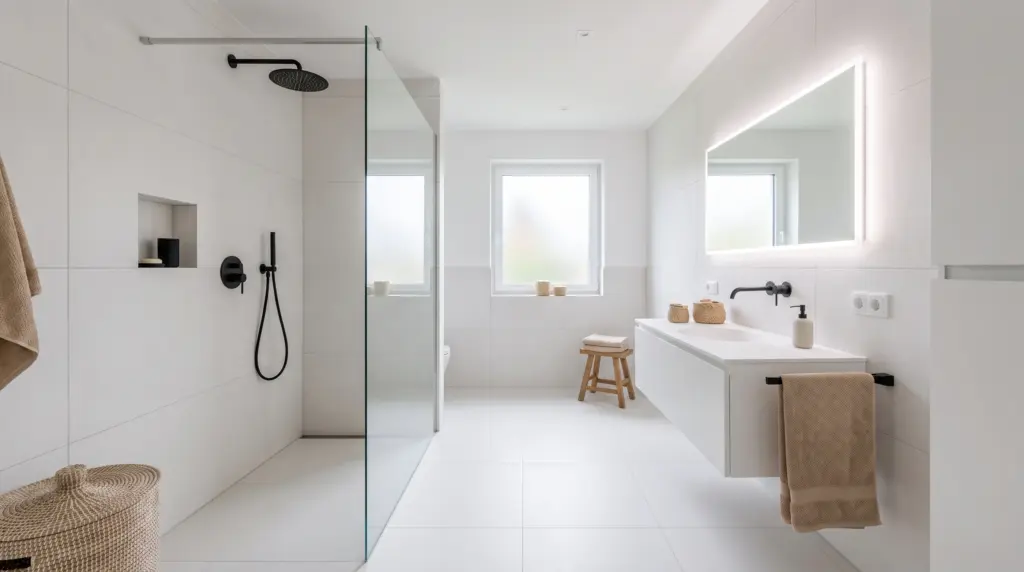 Bad renovieren Kosten – modernes renoviertes Badezimmer mit bodengleicher Dusche