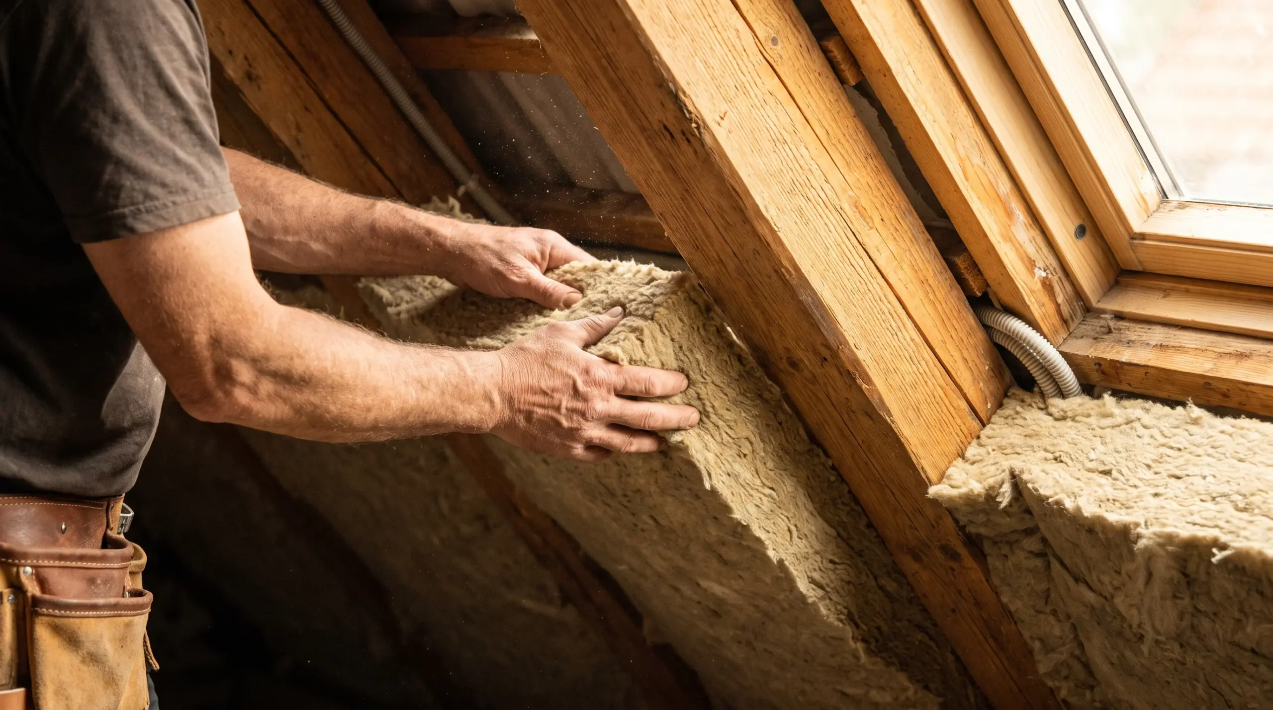 Dachausbau Kosten – Detailaufnahme Handwerker verlegt Mineralwolle-Dämmung zwischen Dachsparren
