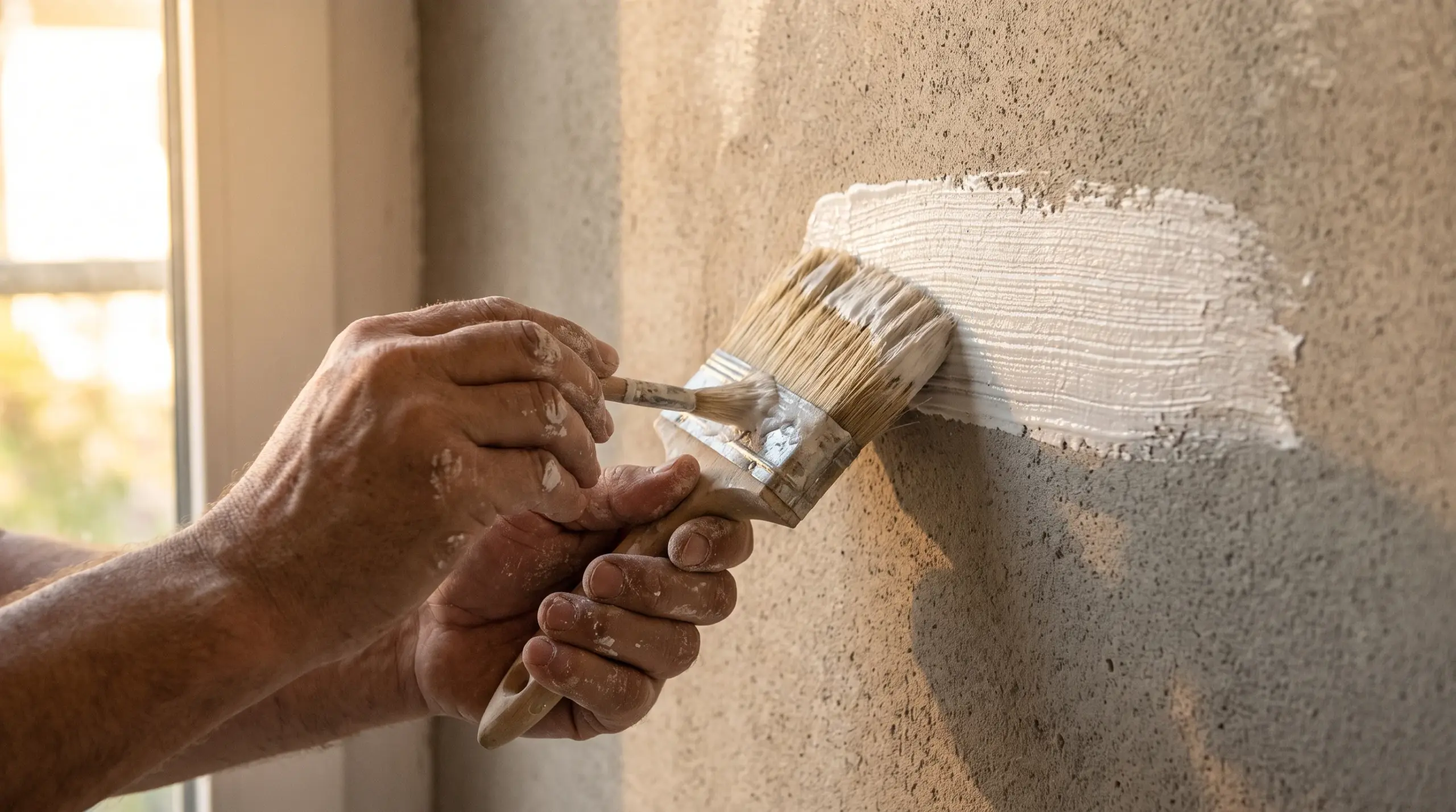 Tapezieren Anleitung: Handwerker trägt Kleister mit breitem Pinsel auf Wand auf