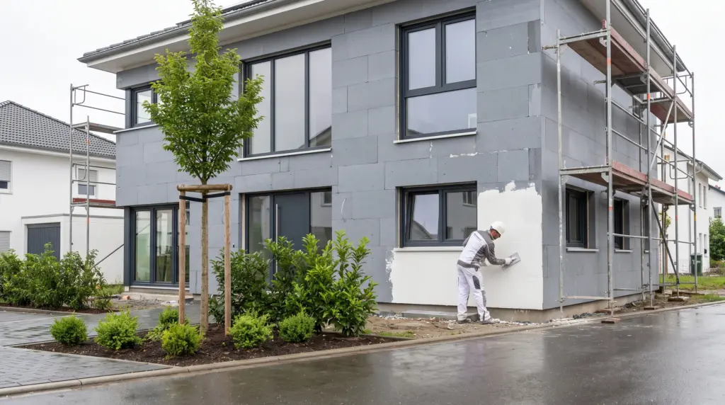Wärmedämmung Haus Kosten – Fassadendämmung WDVS an einem Einfamilienhaus in Deutschland