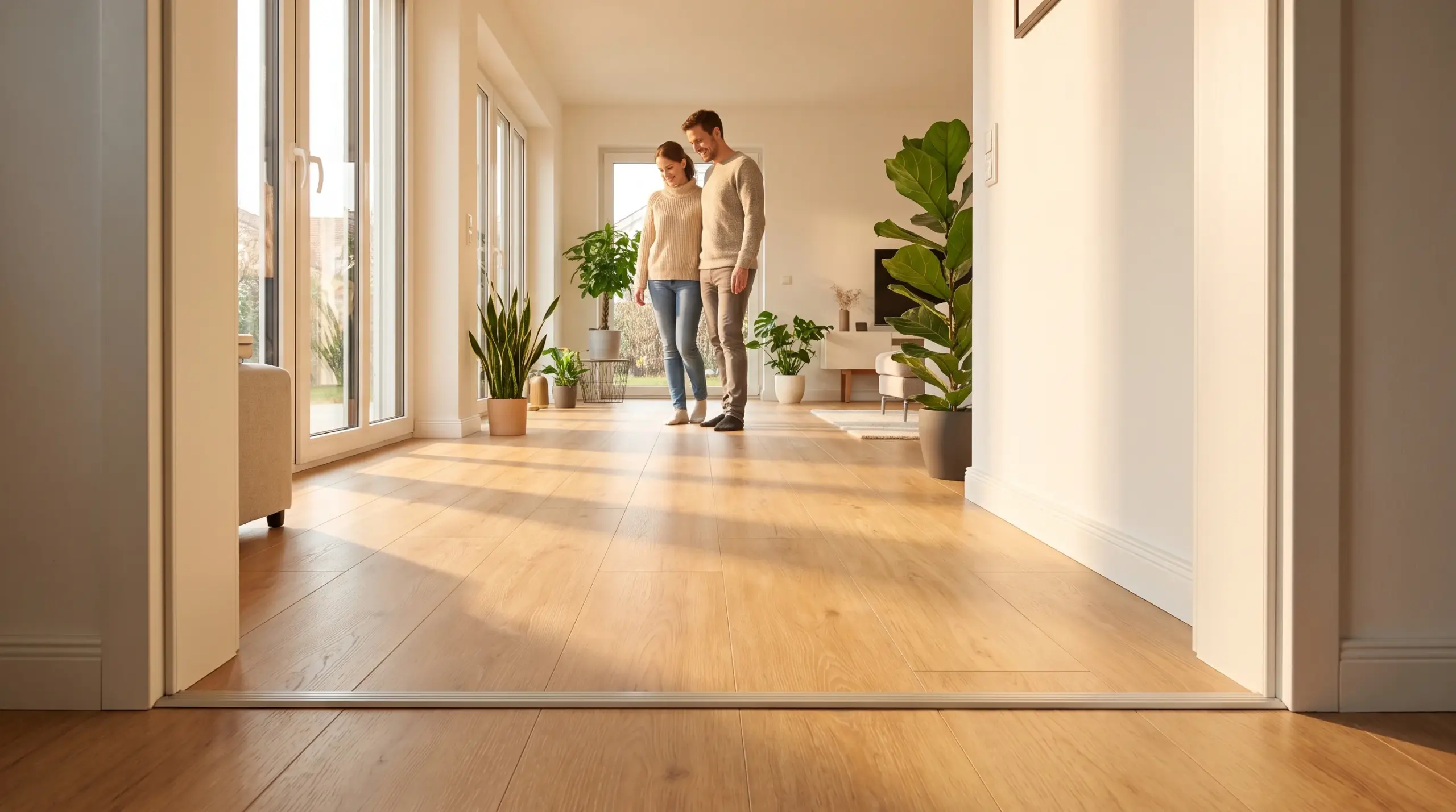 Fertiger Laminatboden im modernen deutschen Wohnzimmer nach erfolgreicher Verlegung