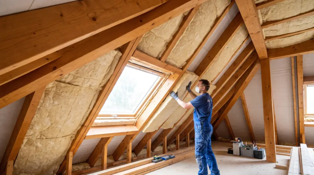 Dachausbau Kosten 2026 – Profi-Handwerker installiert Dämmung im Dachstuhl eines Einfamilienhauses