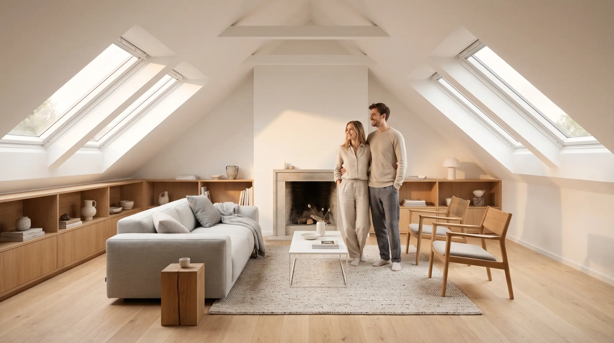 Dachausbau Ergebnis – modernes helles Wohnzimmer im ausgebauten Dachgeschoss mit Dachfenstern