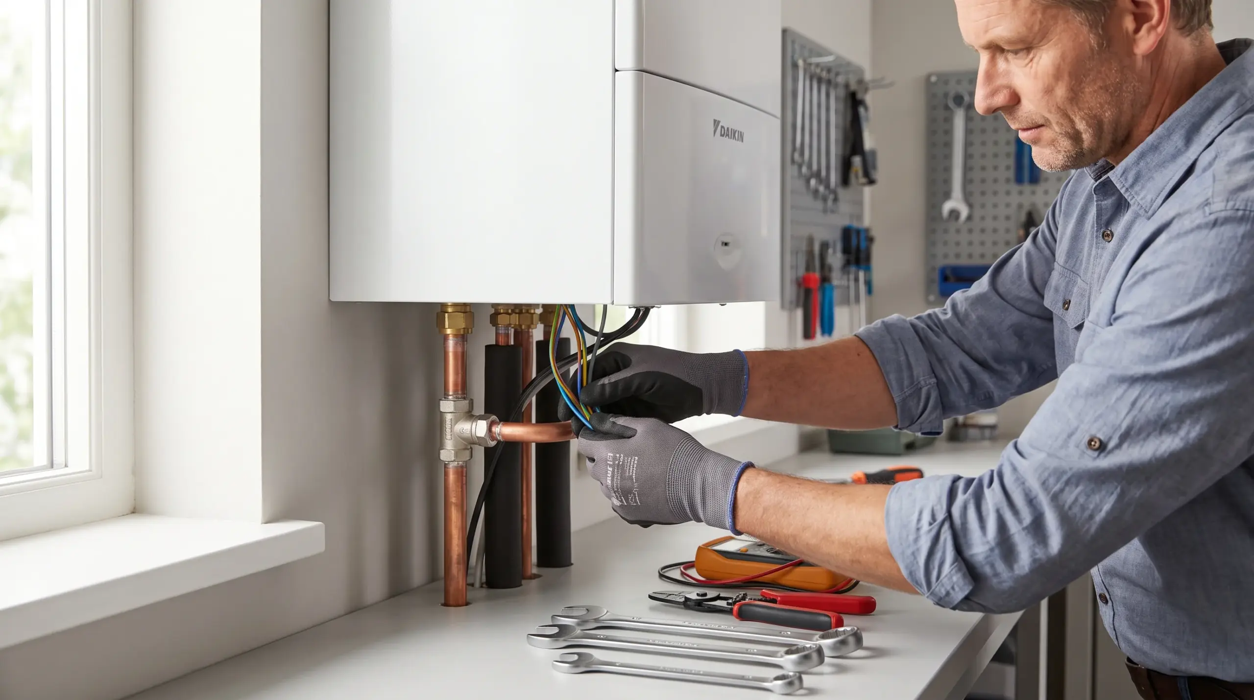 Heizungstechniker installiert professionell neue Wärmepumpe – Heizung modernisieren