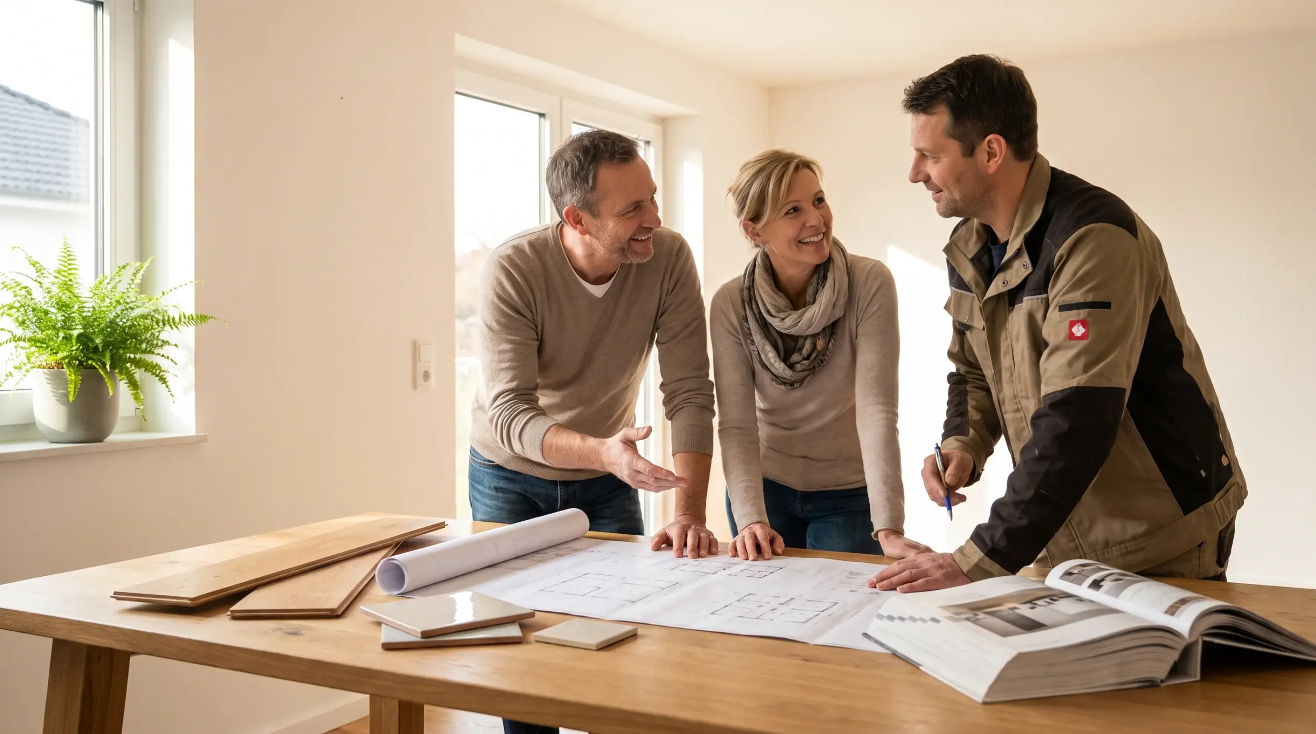 Bad renovieren Kosten – Hausbesitzer besprechen Renovierungsplanung mit Handwerker