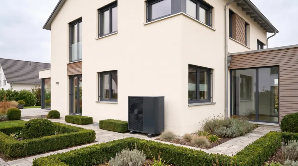 Heizung modernisieren Kosten – moderne Luft-Wasser-Wärmepumpe an Einfamilienhaus installiert