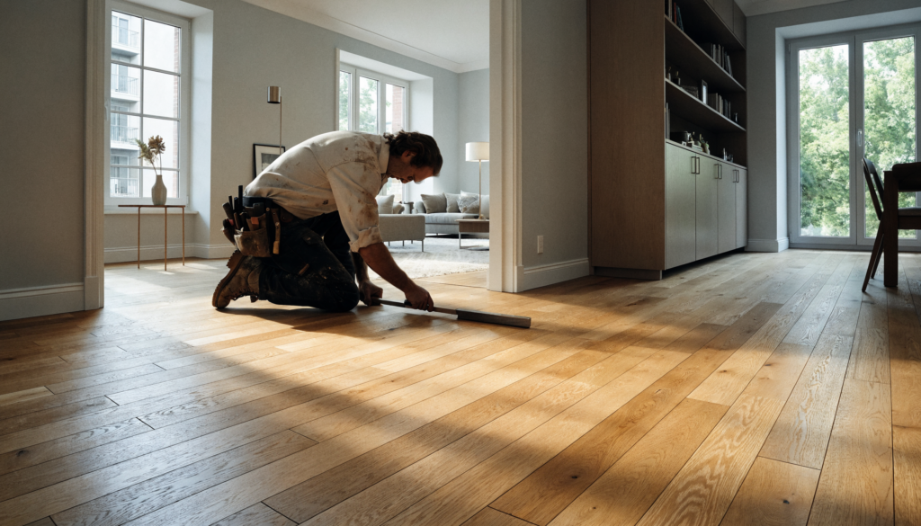 Parkettboden verlegen – Profi verlegt Eichenparkett in modernem Wohnzimmer