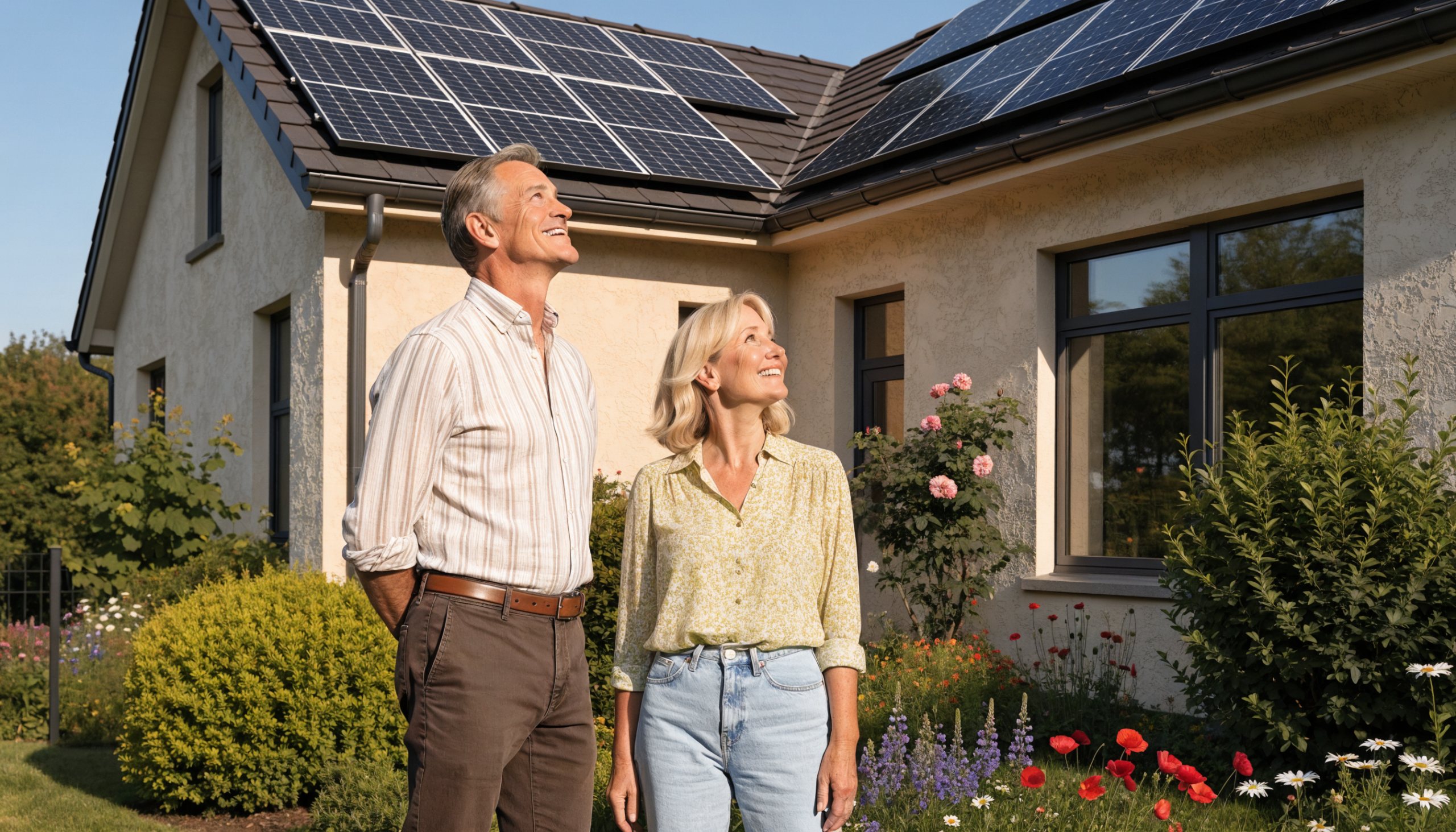 Hausbesitzerpaar im Garten blickt zufrieden auf die Photovoltaikanlage ihres Hauses