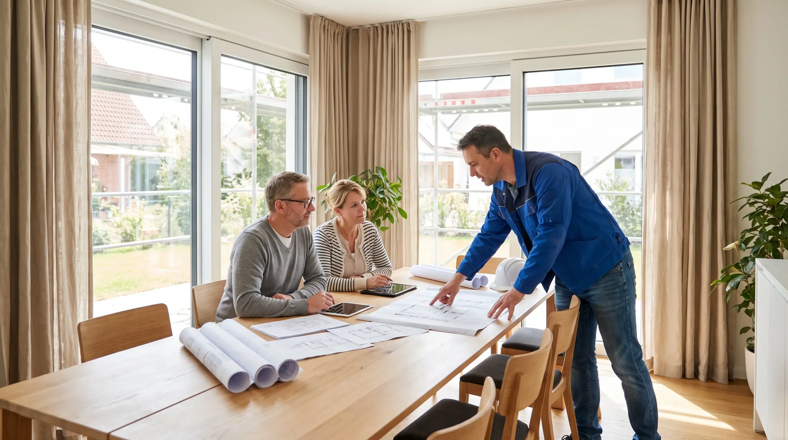 Gerüstbau Kosten planen: Hausbesitzer und Handwerker besprechen Sanierungsprojekt
