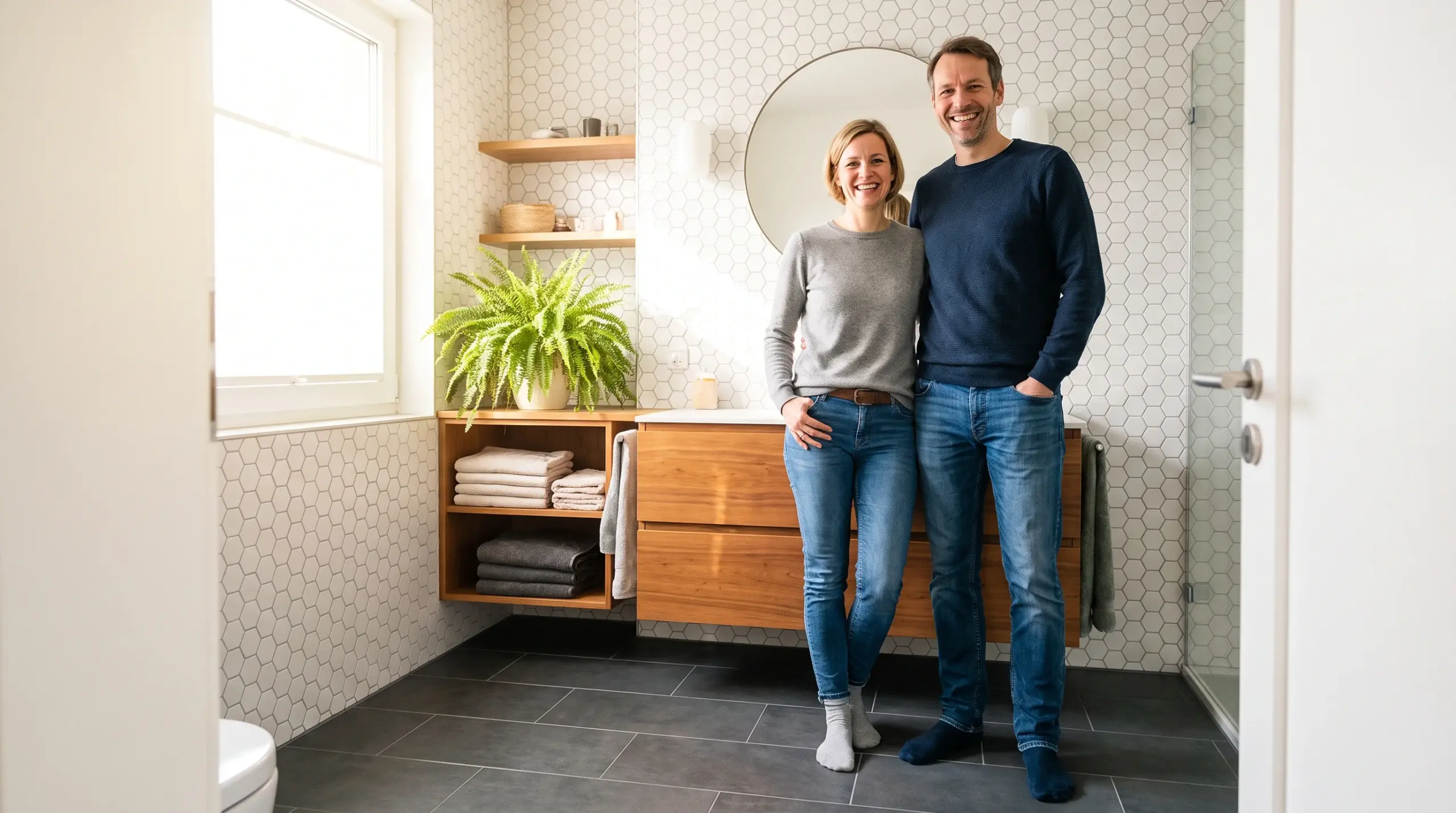 Fliesen verlegen Ergebnis – Hausbesitzer im frisch renovierten Badezimmer mit neuen Wandfliesen