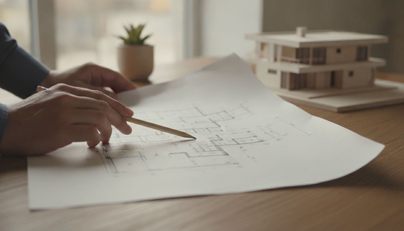 Neubau Checkliste – Architekt plant Hausbau mit Bauplänen am Schreibtisch