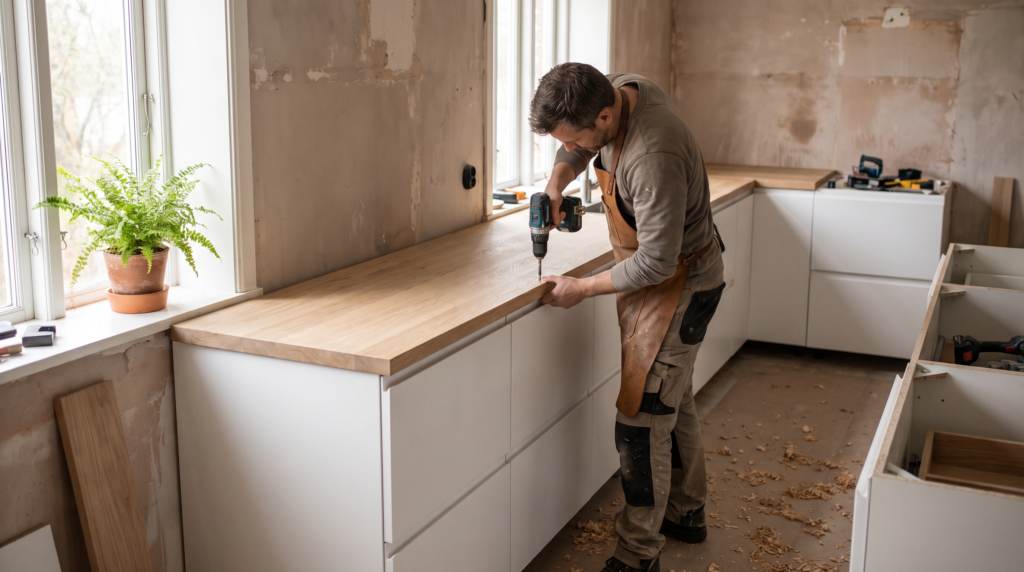 Küche renovieren: Handwerker montiert neue Arbeitsplatte