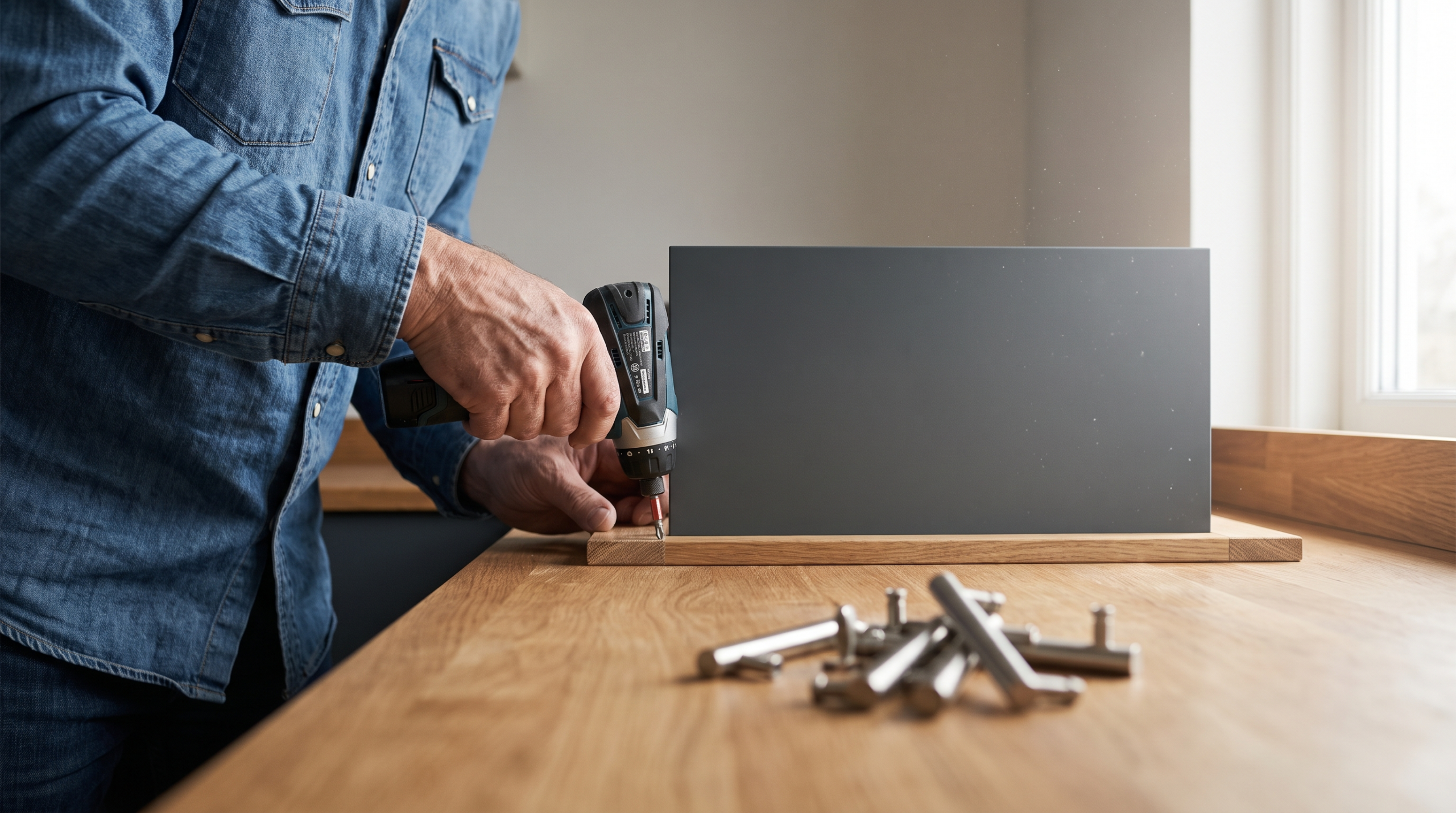 Küche renovieren: Detailaufnahme neue Frontmontage mit Schraubendreher