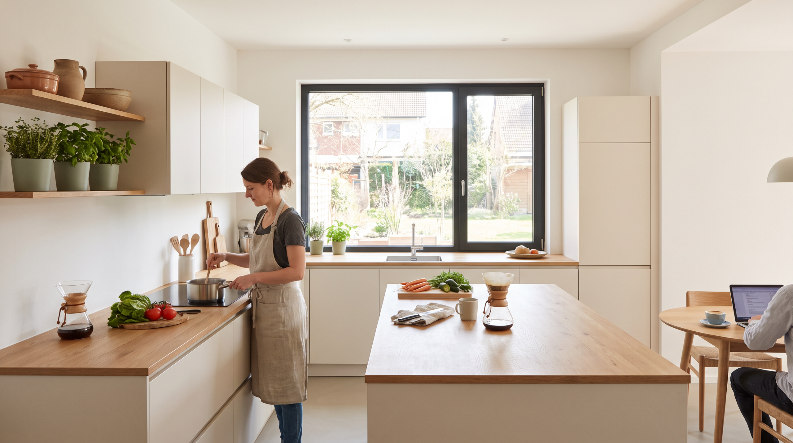 Küche renovieren: fertig renovierte helle Küche in Benutzung