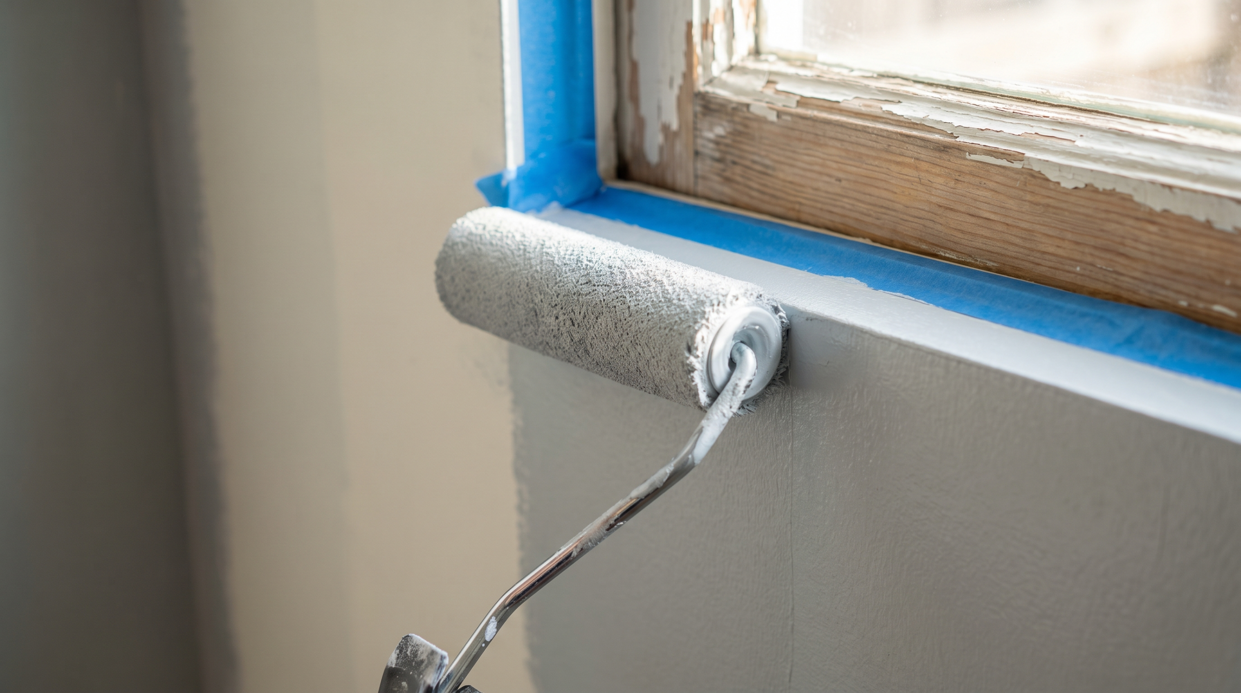 Maler Kosten pro m2 - Detailaufnahme einer Farbrolle beim gleichmäßigen Wandanstrich