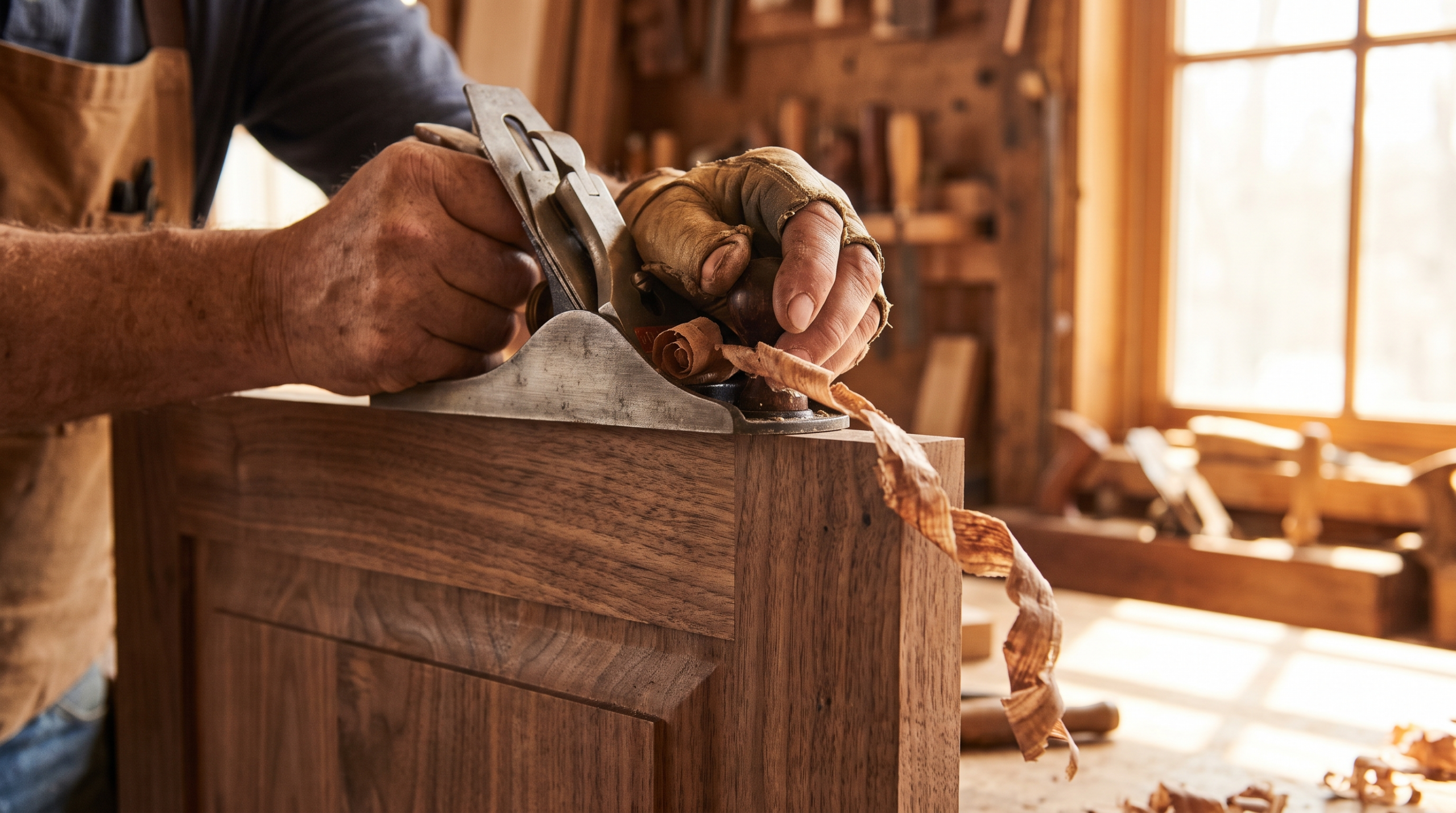 Schreiner küche kosten - Tischler arbeitet an Massivholz-Küchenfront in der Werkstatt