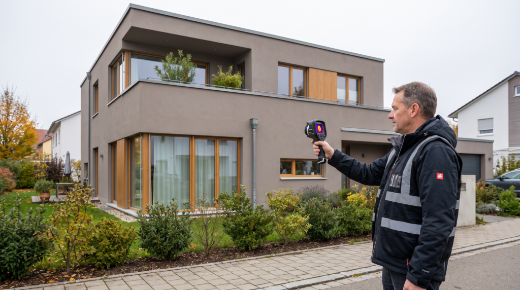 Energieausweis beantragen: Energieberater prüft Hausfassade mit Wärmebildkamera