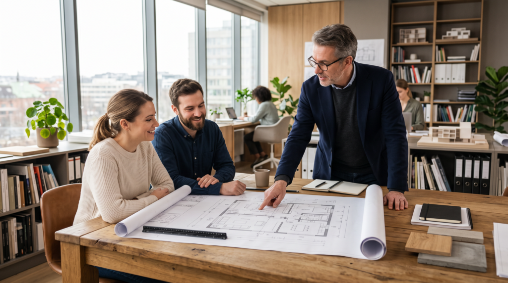 Baugenehmigung beantragen: Architekt bespricht Bauplan mit Bauherren
