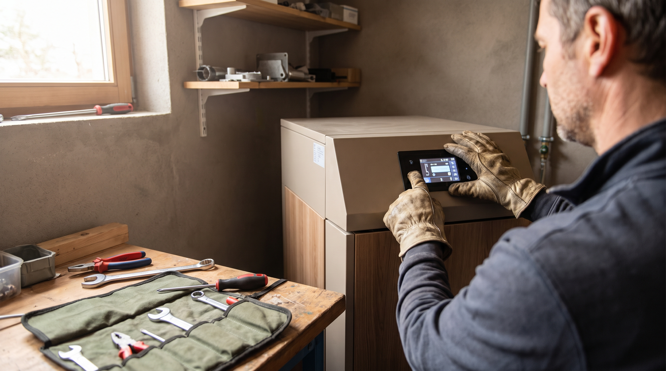 Pelletheizung Vor- und Nachteile: Handwerker installiert und wartet den Pelletkessel