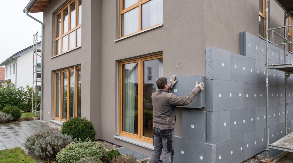 KfW Effizienzhaus Förderung 2026: Dämmplatte wird an Hausfassade montiert
