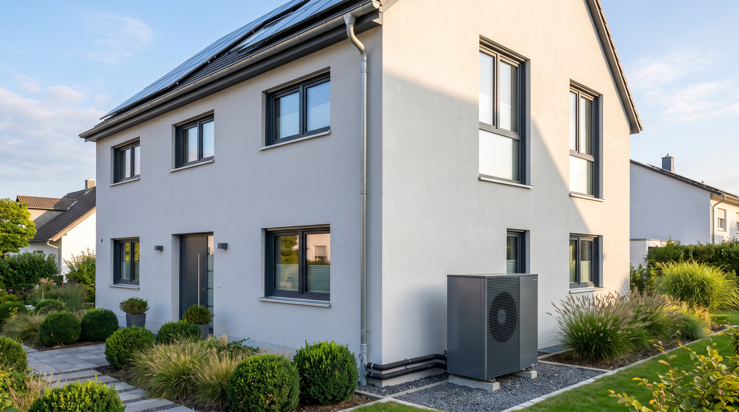 KfW Effizienzhaus Förderung 2026: Saniertes Effizienzhaus mit Wärmepumpe und neuen Fenstern