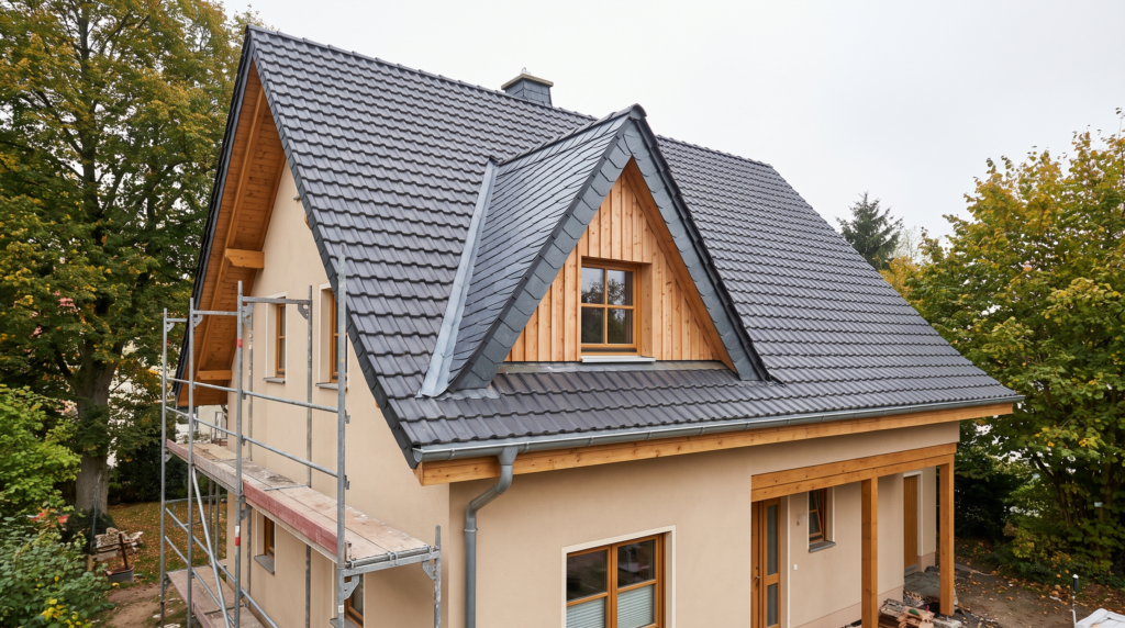 Dachgaube Kosten - frisch gebaute Satteldachgaube auf einem Hausdach
