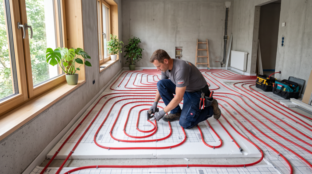 Fußbodenheizung nachrüsten: Handwerker verlegt Heizrohre auf Dämmplatten